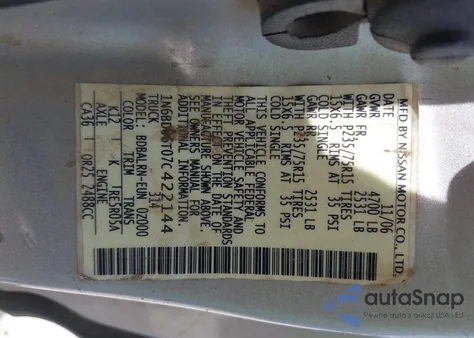 2007 Nissan Frontier Xe из США, поврежденный, VIN 1N6BD06T07C422144